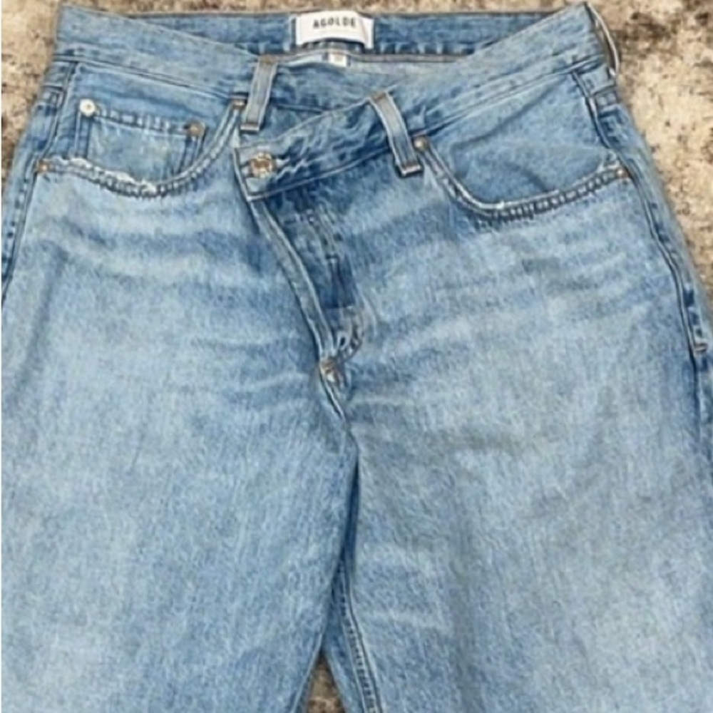 Agolde 27 upside jean asymmetrical button butterfly Classic Blue Women's Jeans - Picture 6 of 13